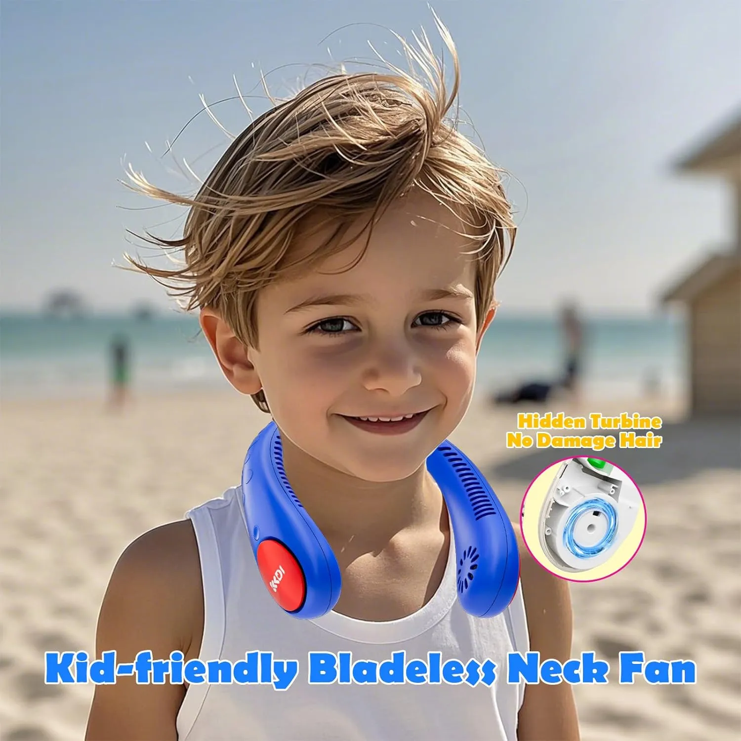 Kids Neck Fan, Portable Bladeless Neck Fan for Kids, 2600mAh Rechargeable Cooling Fan for 4-14Y Girls Boys, 4 Speeds & Lightweight Wearable Quiet Fan for Study/Camping/Travel
