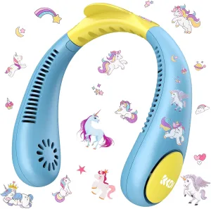 Kids Neck Fan, Portable Bladeless Neck Fan for Kids, 2600mAh Rechargeable Cooling Fan for 4-14Y Girls Boys with Unicorn Stickers, 4 Speeds & Lightweight Wearable Quiet Fan for Study/Camping/Travel Neck fan for hands-free comfort