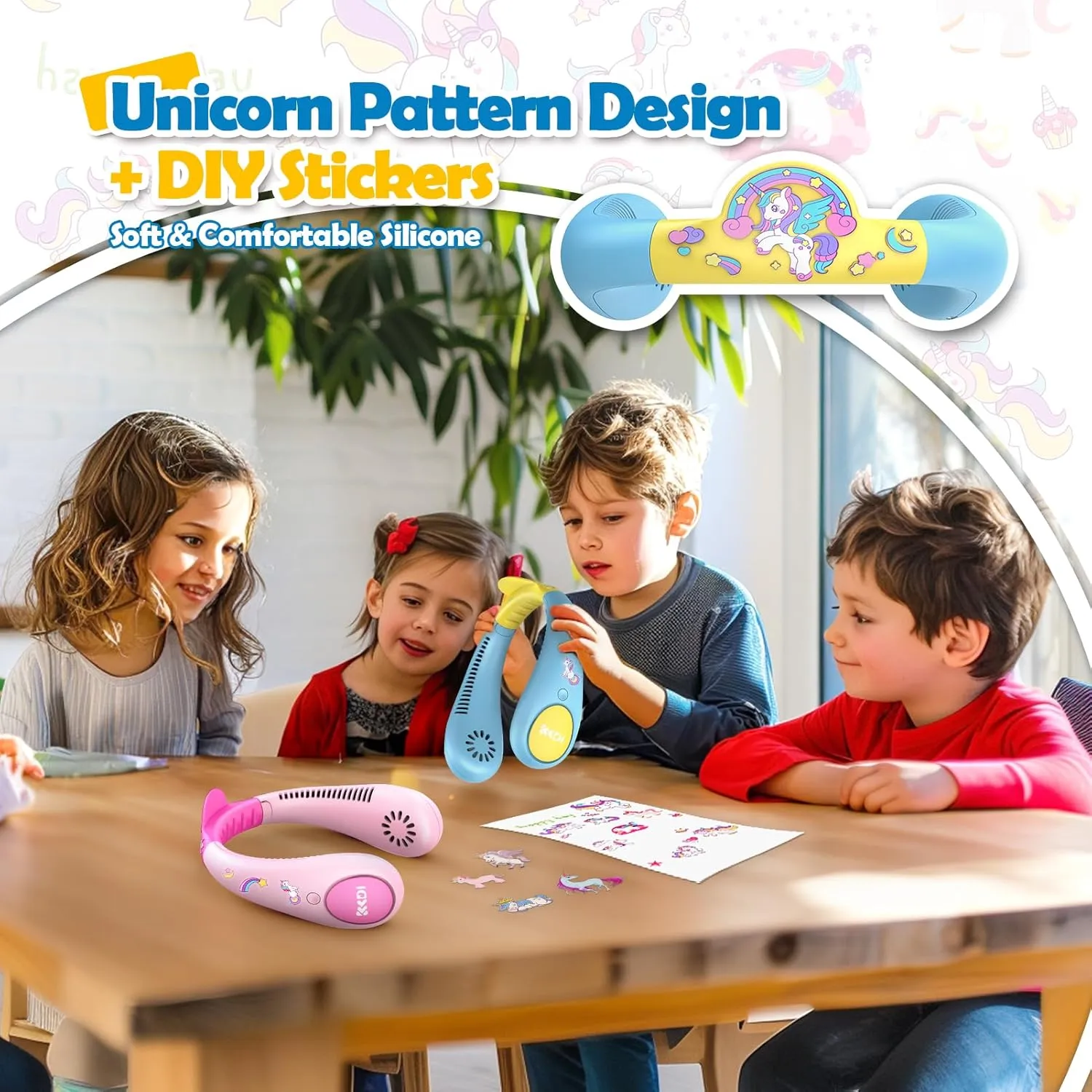 Kids Neck Fan, Portable Bladeless Neck Fan for Kids, 2600mAh Rechargeable Cooling Fan for 4-14Y Girls Boys with Unicorn Stickers, 4 Speeds & Lightweight Wearable Quiet Fan for Study/Camping/Travel