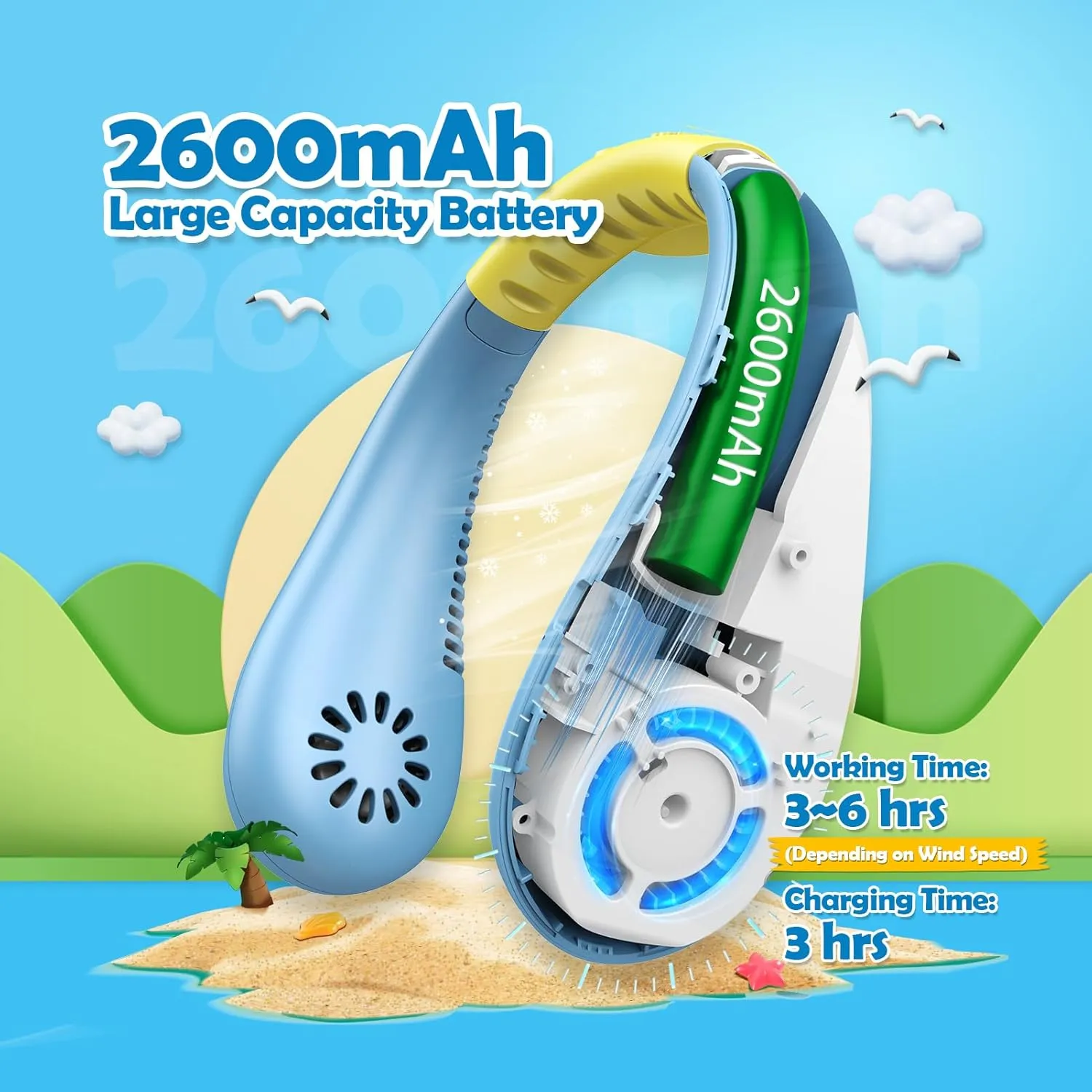 Kids Neck Fan, Portable Bladeless Neck Fan for Kids, 2600mAh Rechargeable Cooling Fan for 4-14Y Girls Boys with Unicorn Stickers, 4 Speeds & Lightweight Wearable Quiet Fan for Study/Camping/Travel