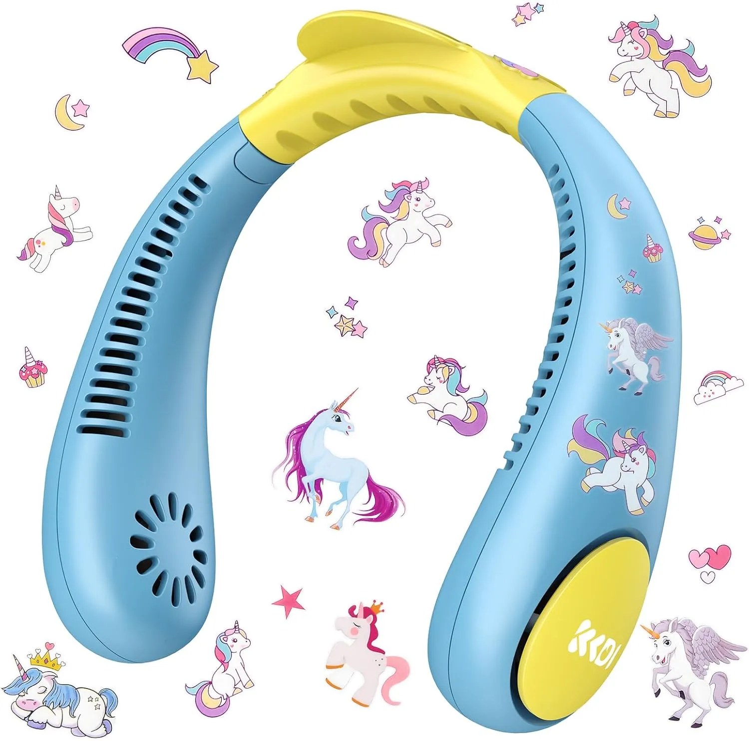 Kids Neck Fan, Portable Bladeless Neck Fan for Kids, 2600mAh Rechargeable Cooling Fan for 4-14Y Girls Boys with Unicorn Stickers, 4 Speeds & Lightweight Wearable Quiet Fan for Study/Camping/Travel Neck fan for hands-free comfort
