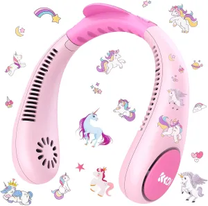 Kids Neck Fan, Portable Bladeless Neck Fan for Kids, 2600mAh Rechargeable Cooling Fan for 4-14Y Girls Boys with Unicorn Stickers, 4 Speeds & Lightweight Wearable Quiet Fan for Study/Camping/Travel Neck fan for hands-free comfort