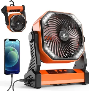 KITWLEMEN 20000mAh Battery Powered Camping Fan - 58H Max Cooling, Rechargeable Battery Operated Desk Fan with 4 Speeds, Bright Light & Hanging Hook, Portable for Tent Outdoor Hurricane Power Outage Battery-powered portable fan
