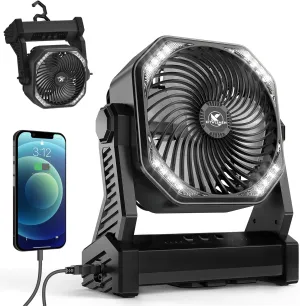 KITWLEMEN 20000mAh Battery Powered Camping Fan - 58H Max Cooling, Rechargeable Battery Operated Desk Fan with 4 Speeds, Bright Light & Hanging Hook, Portable for Tent Outdoor Hurricane Power Outage Battery-powered portable fan