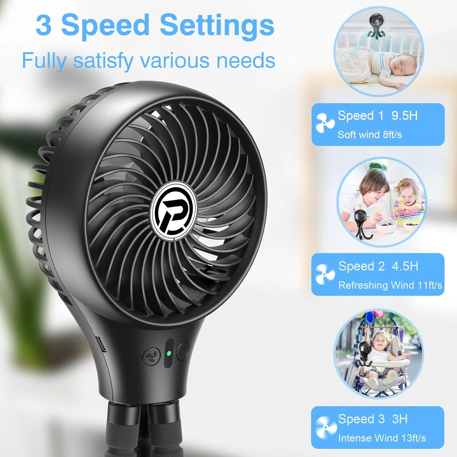 KITWLEMEN Baby Stroller Fan, Oscillating Clip on with Tripod, 11Hour Battery Operated Portable Fan for Crib, Treadmill, Car Seat, Travel
