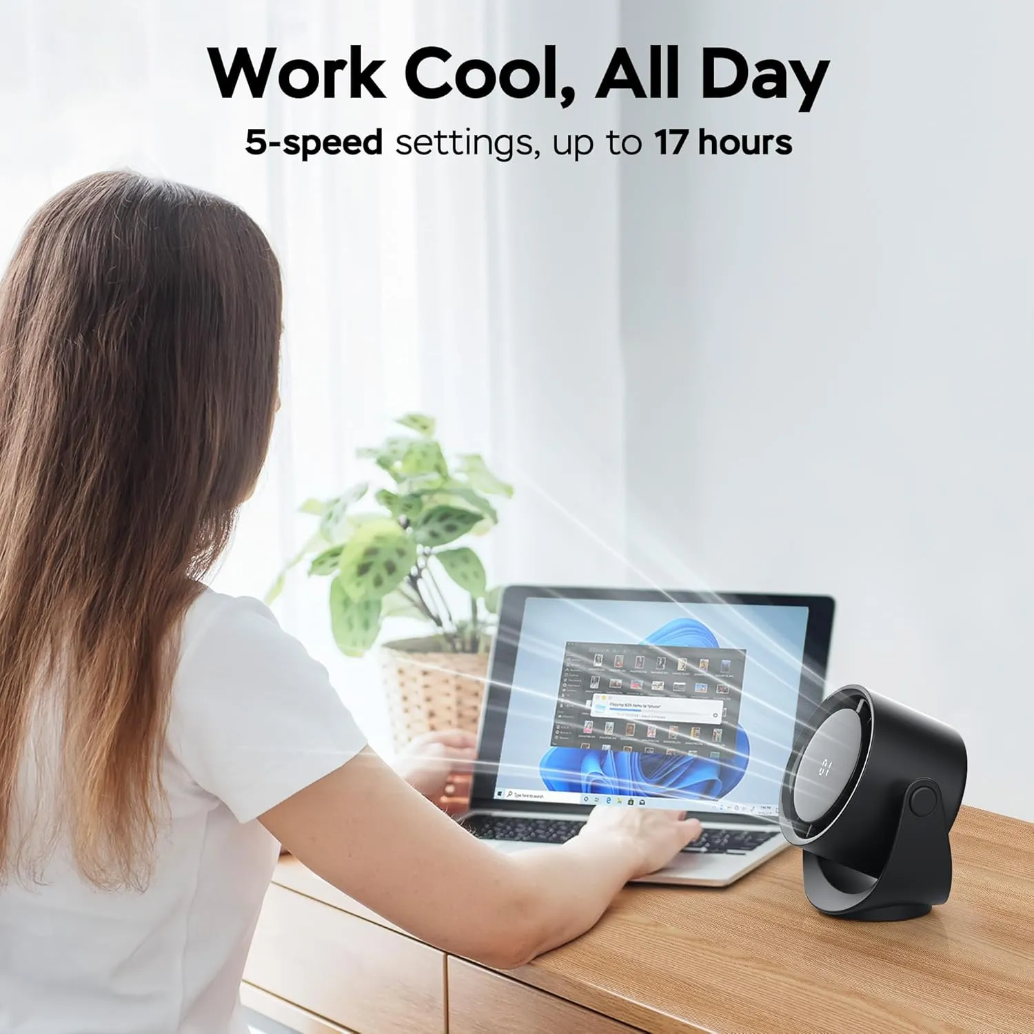 KITWLEMEN Portable Desk Fan - 5 Speed Rechargeable Battery Operated Fan, 4000mAh 17H Cooling, Powerful Small Turbo Fan for Bedroom Office Dorm Travel Camping, Black