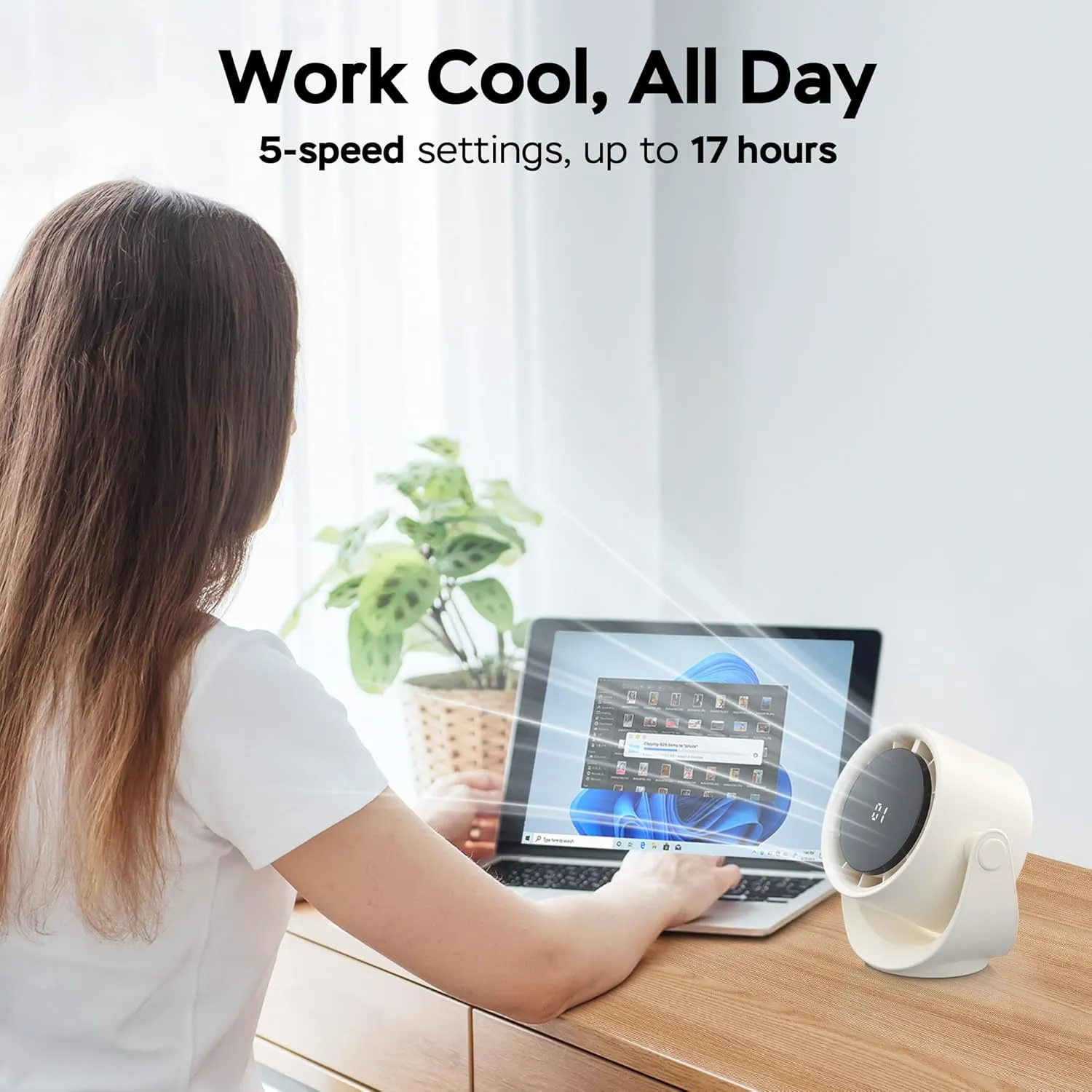 KITWLEMEN Portable Desk Fan - 5 Speed Rechargeable Battery Operated Fan, 4000mAh 17H Cooling, Powerful Small Turbo Fan for Bedroom Office Dorm Travel Camping, White