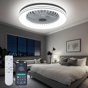 KMALAM 24" Low Profile Ceiling Fan with Light, Smart Bladeless Ceiling Fan with Remote/APP Control, Enclosed Flush Mount Ceilings Fans for 6 Speeds Reversible Timing Voice assistant compatible fan with Alexa and Google