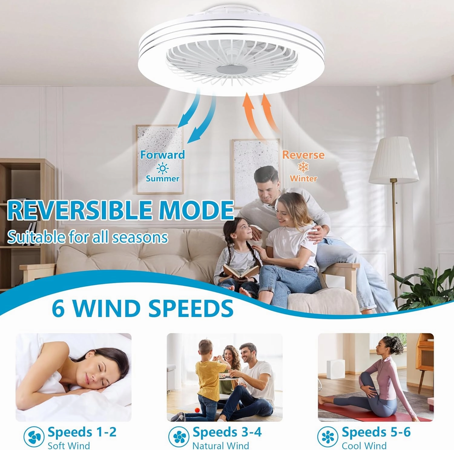 KMALAM 24" Low Profile Ceiling Fan with Light, Smart Bladeless Ceiling Fan with Remote/APP Control, Enclosed Flush Mount Ceilings Fans for 6 Speeds Reversible Timing