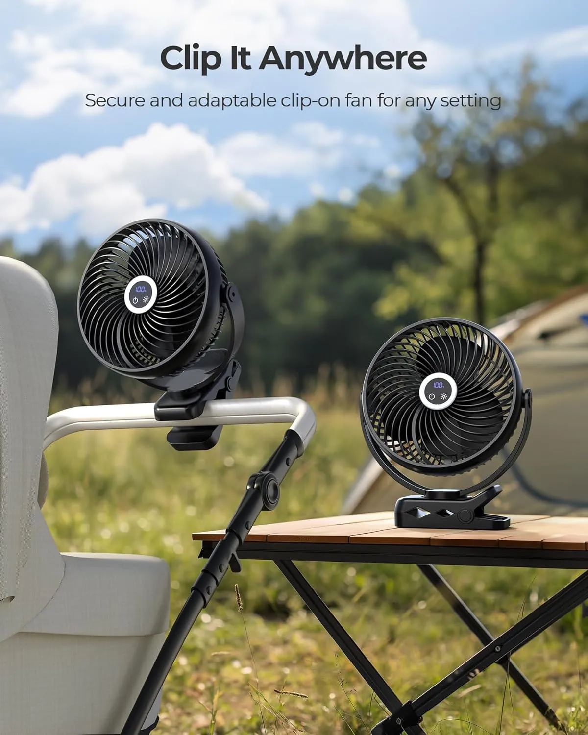 Koonie 10000mAh Portable Clip on Fan with LED Lantern and Hook, 8'' Battery Operated Desk Fan, Quiet Camping Fan with LED Digital Display, 360 Rotation & 3 Speeds for Travel Tent Gym Treadmill