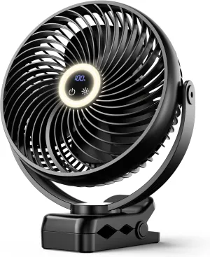 Koonie 10000mAh Portable Clip on Fan with LED Lantern and Hook, 8'' Battery Operated Desk Fan, Quiet Camping Fan with LED Digital Display, 360 Rotation & 3 Speeds for Travel Tent Gym Treadmill Waist-mounted portable fan for outdoor use