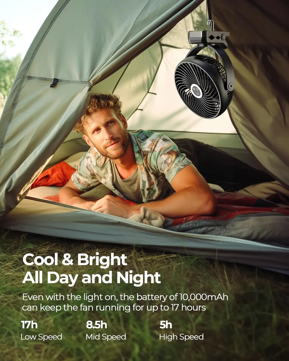 Koonie 10000mAh Portable Clip on Fan with LED Lantern and Hook, 8'' Battery Operated Desk Fan, Quiet Camping Fan with LED Digital Display, 360 Rotation & 3 Speeds for Travel Tent Gym Treadmill