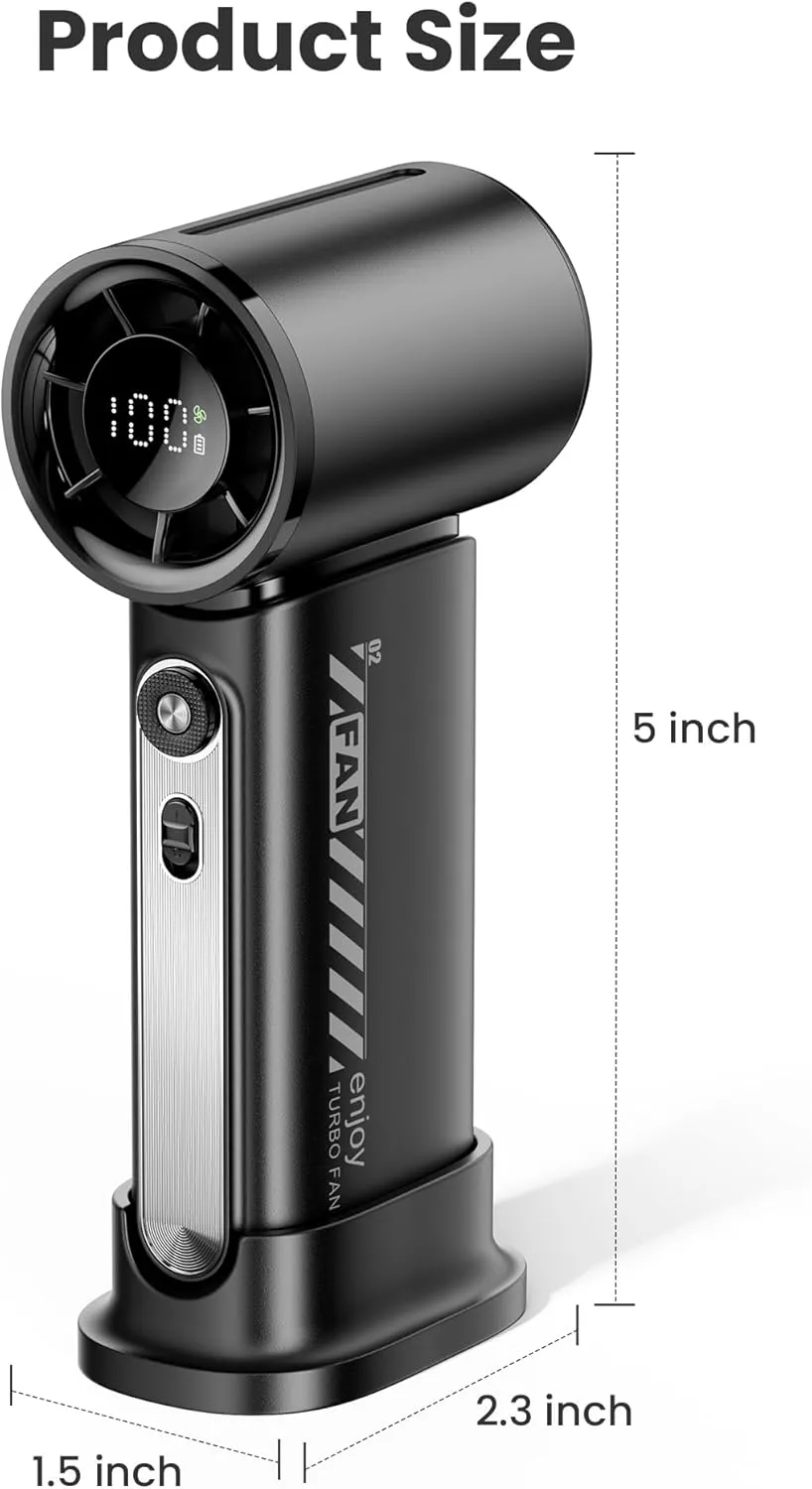 Koonie 19000 RPM High Speed Portable Handheld Fan,100 Speeds Mini Turbo Fan, 3600mAh, 12H Max Cooling Time, Digital Display, 5" Height, Rechargeable Hand Fan for Outdoor Indoor Black