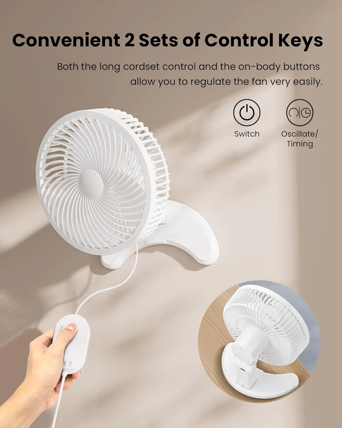 Koonie 8'' Wall Mount Fan, Quiet Small Wall Fan with Timer, 8.2ft Wired Remote, 80 Oscillation, 100 Adjustable, 3 Speeds High Velocity for RV Bedroom Kitchen Office Garage, White