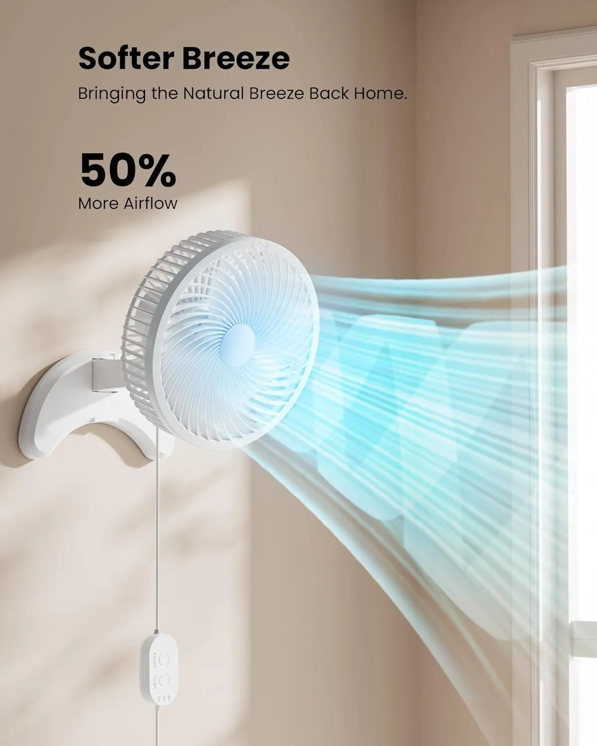 Koonie 8'' Wall Mount Fan, Quiet Small Wall Fan with Timer, 8.2ft Wired Remote, 80 Oscillation, 100 Adjustable, 3 Speeds High Velocity for RV Bedroom Kitchen Office Garage, White