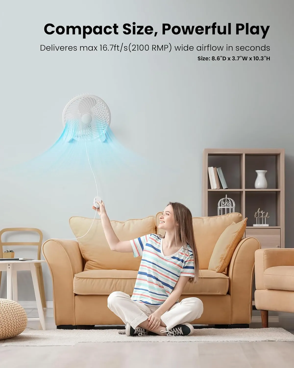 Koonie 8'' Wall Mount Fan, Quiet Small Wall Fan with Timer, 8.2ft Wired Remote, 80 Oscillation, 100 Adjustable, 3 Speeds High Velocity for RV Bedroom Kitchen Office Garage, White