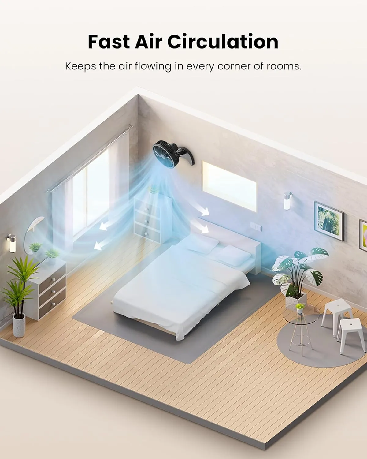 Koonie 8'' Wall Mount Fan, Quiet Small Wall Fan with Timer, 8.2ft Wired Remote, 80 Oscillation, 100 Adjustable, 3 Speeds High Velocity for RV Bedroom Kitchen Office Garage(Adapter Included)