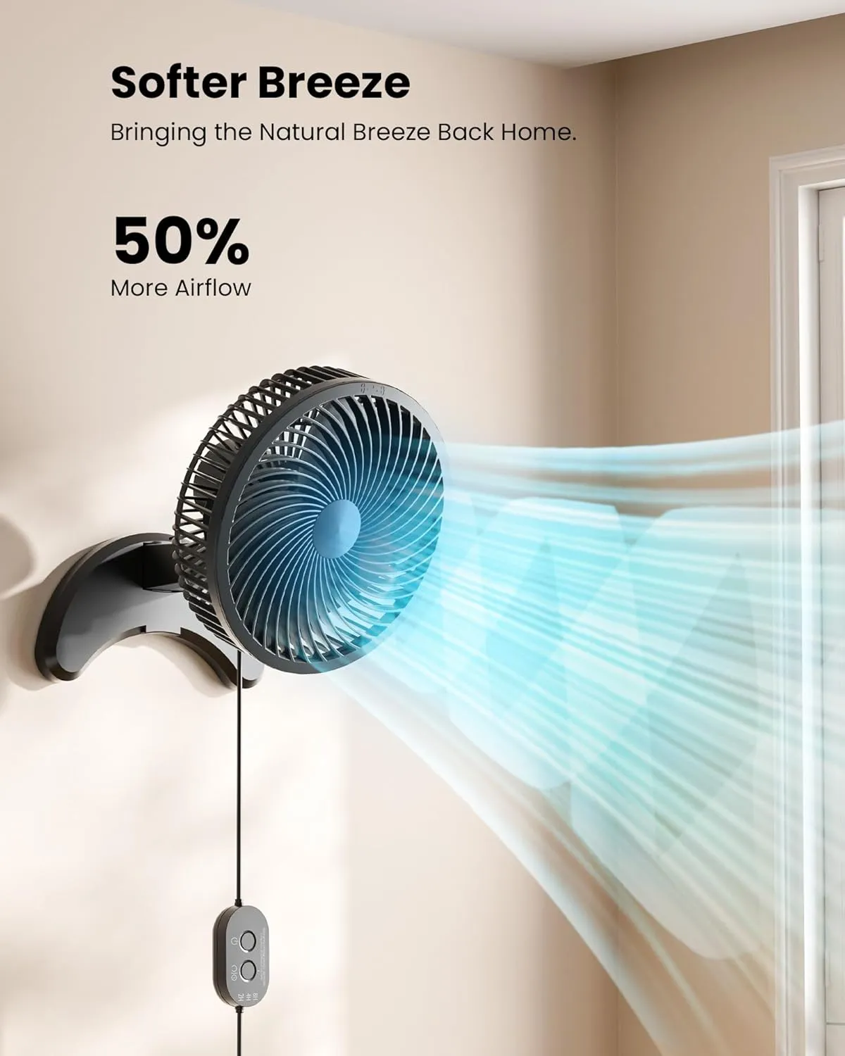 Koonie 8'' Wall Mount Fan, Quiet Small Wall Fan with Timer, 8.2ft Wired Remote, 80 Oscillation, 100 Adjustable, 3 Speeds High Velocity for RV Bedroom Kitchen Office Garage(Adapter Included)