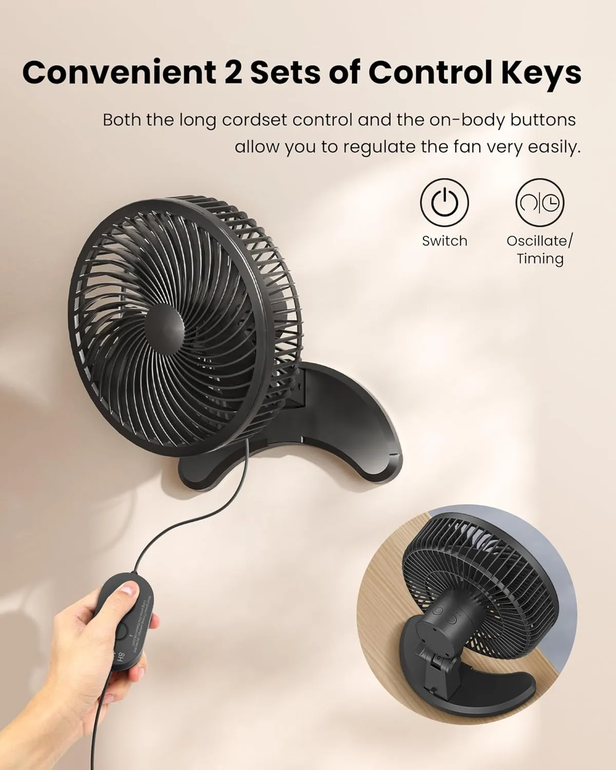 Koonie 8'' Wall Mount Fan, Quiet Small Wall Fan with Timer, 8.2ft Wired Remote, 80 Oscillation, 100 Adjustable, 3 Speeds High Velocity for RV Bedroom Kitchen Office Garage(Adapter Included)