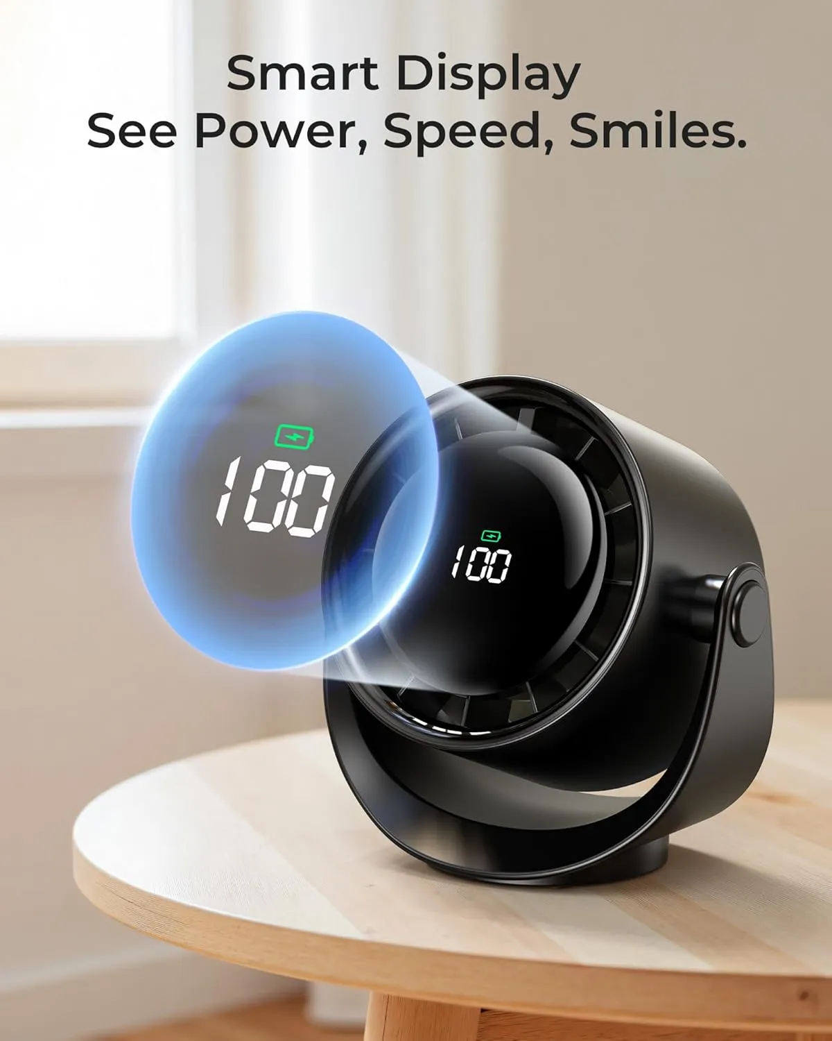 Koonie Desk Fan, LED Display Mini Table Fan, Rechargeable Personal Fan with 4000mAh Battery, Max. 17H Use, 5 Speeds, 360Tilt, USB-C Charging, Quiet Small Portable Fan for Home, Office, Camp, Travel