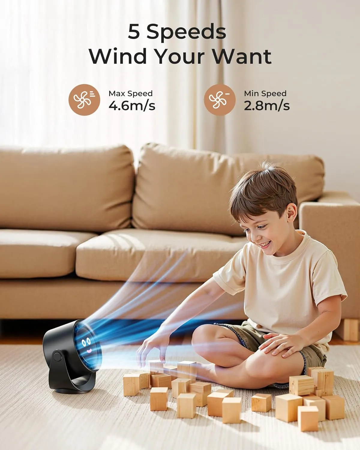 Koonie Desk Fan, LED Display Mini Table Fan, Rechargeable Personal Fan with 4000mAh Battery, Max. 17H Use, 5 Speeds, 360Tilt, USB-C Charging, Quiet Small Portable Fan for Home, Office, Camp, Travel