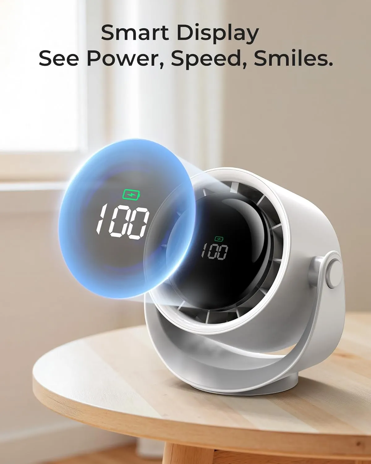 Koonie Desk Fan, LED Display Mini Table Fan, Rechargeable Personal Fan with 4000mAh Battery, Max. 17H Use, 5 Speeds, 360Tilt, USB-C Charging, Quiet Small Portable Fan for Home, Office, Camp, Travel