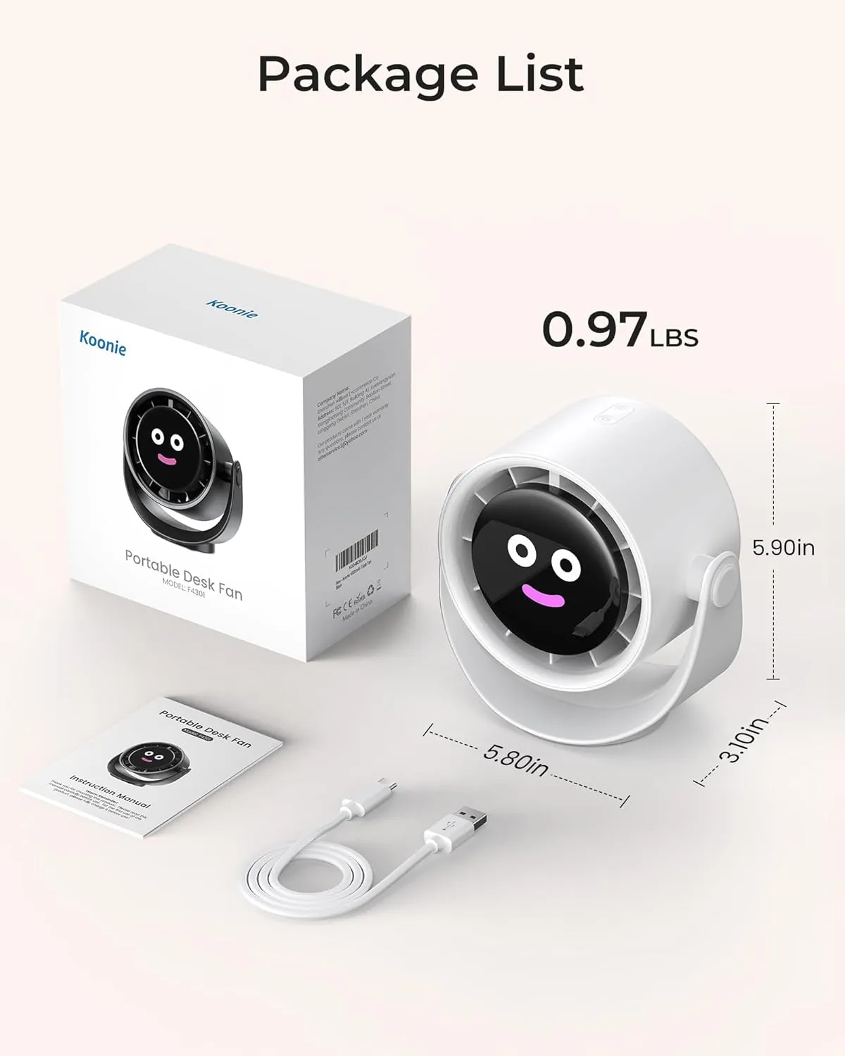 Koonie Desk Fan, LED Display Mini Table Fan, Rechargeable Personal Fan with 4000mAh Battery, Max. 17H Use, 5 Speeds, 360Tilt, USB-C Charging, Quiet Small Portable Fan for Home, Office, Camp, Travel