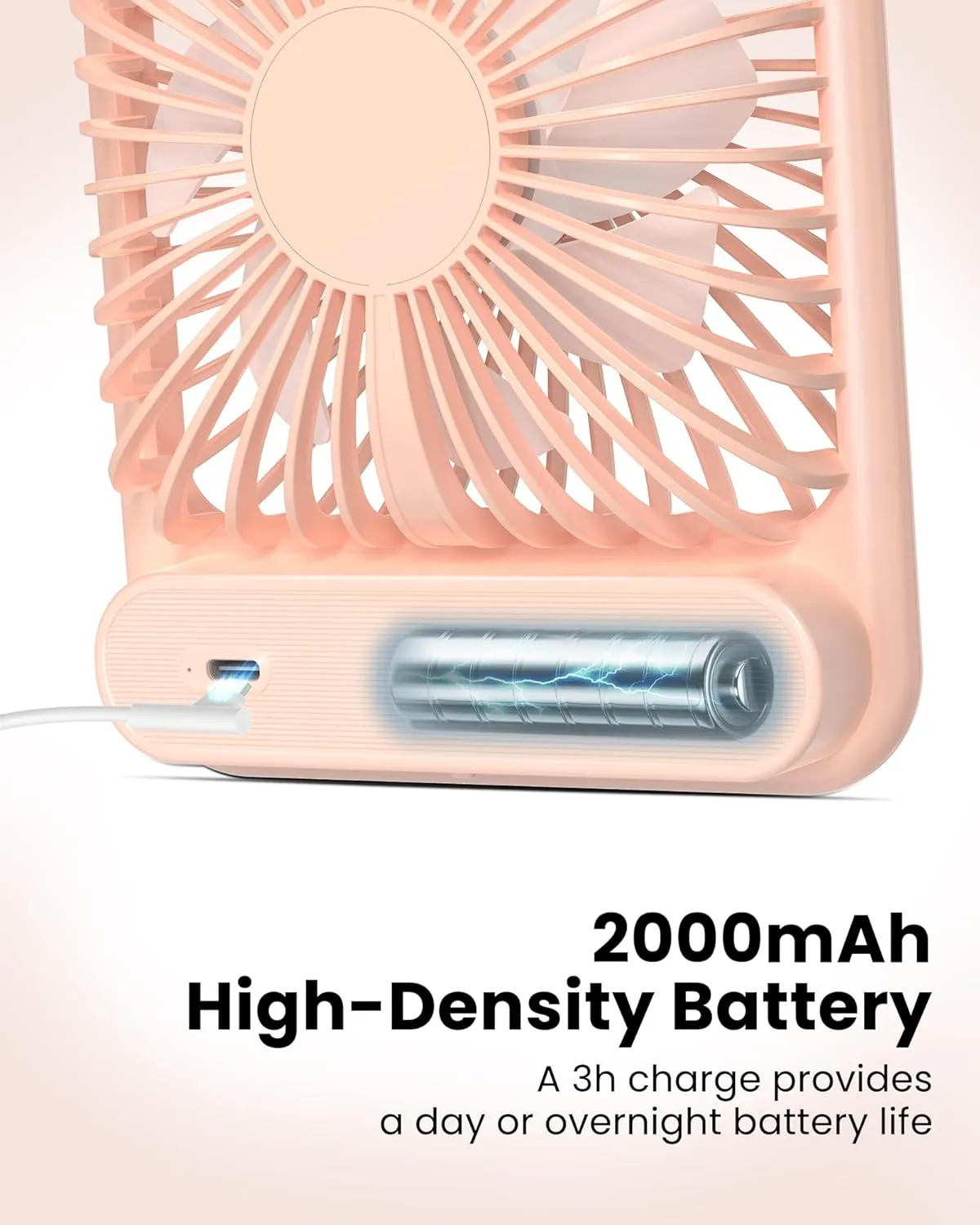 Koonie Desk Fan, Ultra Quiet 2.5-11h Battery Operated Small USB Fan with Strong Wind, 180 Tilt Folding and 3 Speeds Adjustable, Battery Powered Mini Personal Fan for Office Bedroom Desktop Pink