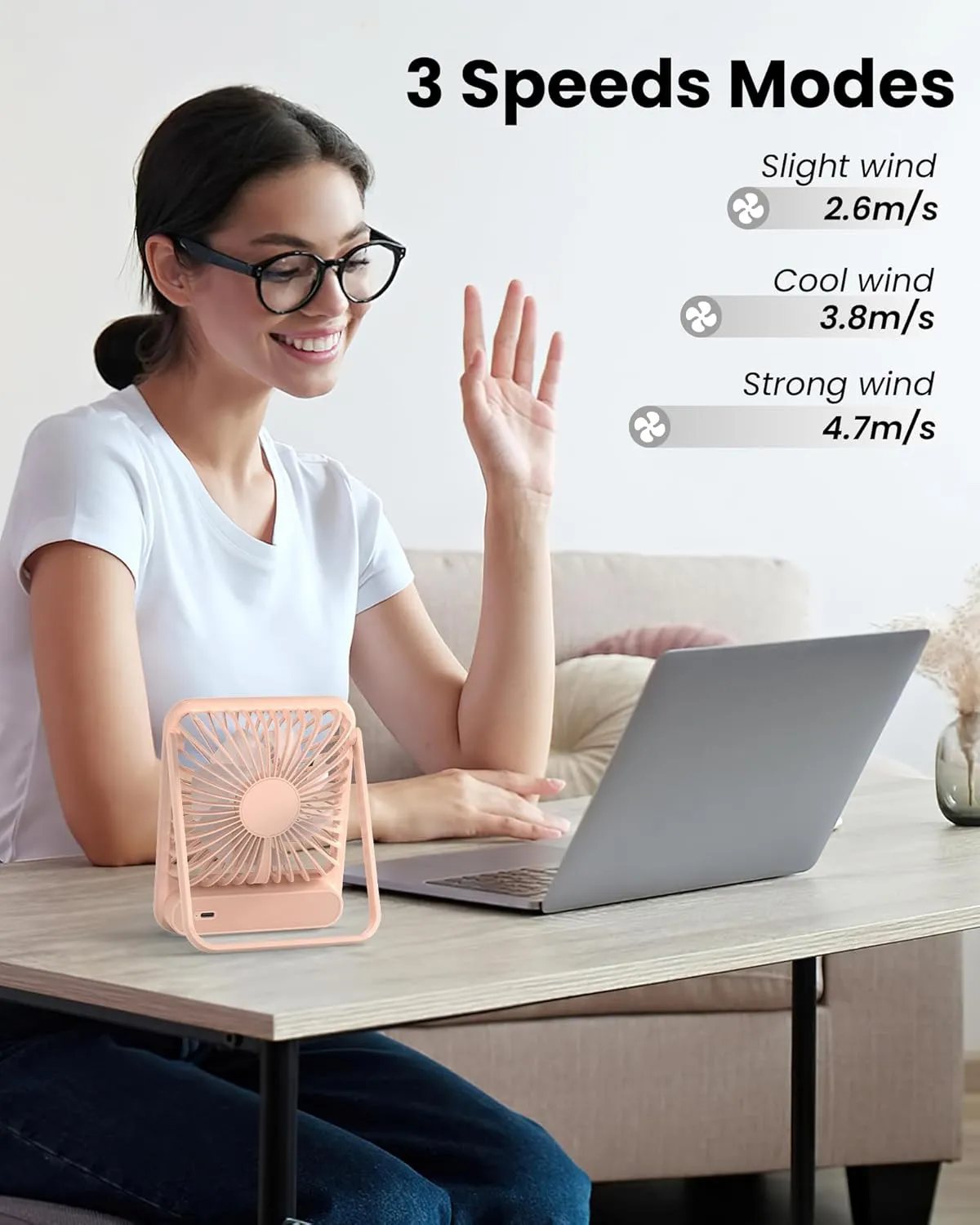 Koonie Desk Fan, Ultra Quiet 2.5-11h Battery Operated Small USB Fan with Strong Wind, 180 Tilt Folding and 3 Speeds Adjustable, Battery Powered Mini Personal Fan for Office Bedroom Desktop Pink