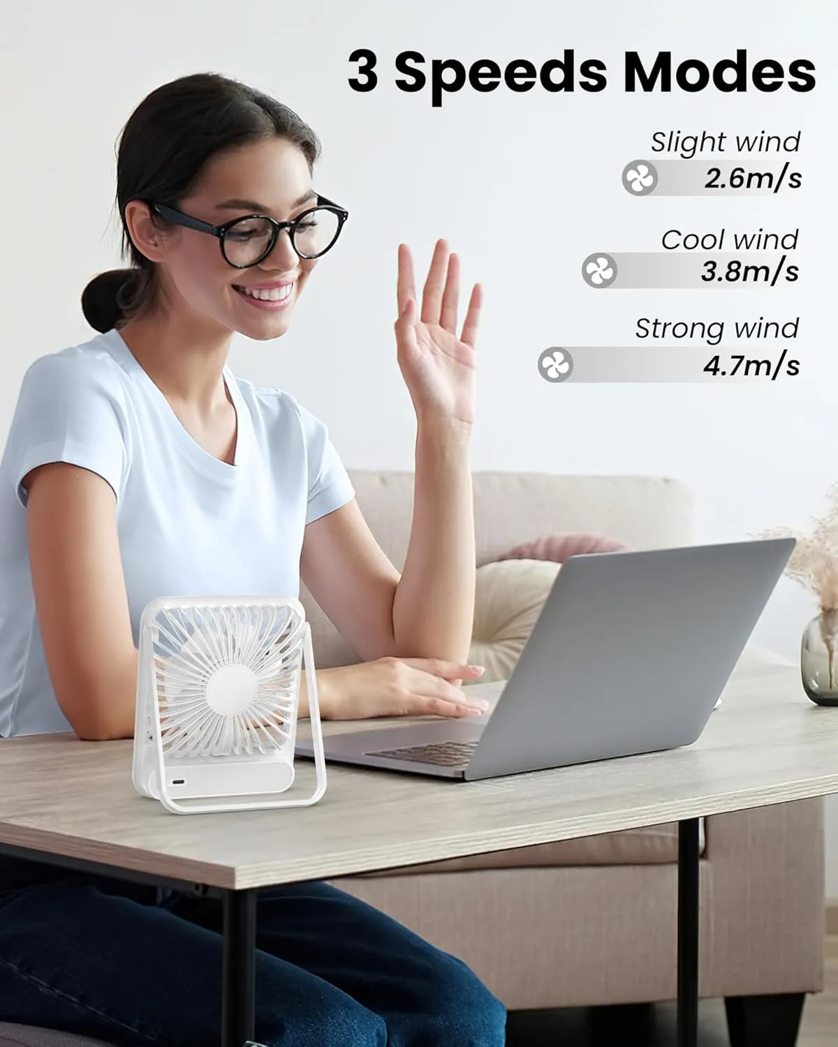 Koonie Desk Fan, Ultra Quiet 2.5-11h Battery Operated Small USB Fan with Strong Wind, 180 Tilt Folding and 3 Speeds Adjustable, Battery Powered Mini Personal Fan for Office Bedroom Desktop White