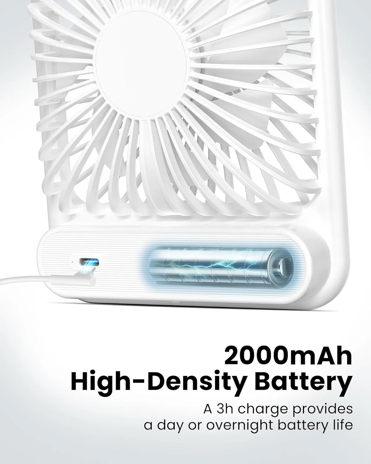 Koonie Desk Fan, Ultra Quiet 2.5-11h Battery Operated Small USB Fan with Strong Wind, 180 Tilt Folding and 3 Speeds Adjustable, Battery Powered Mini Personal Fan for Office Bedroom Desktop White