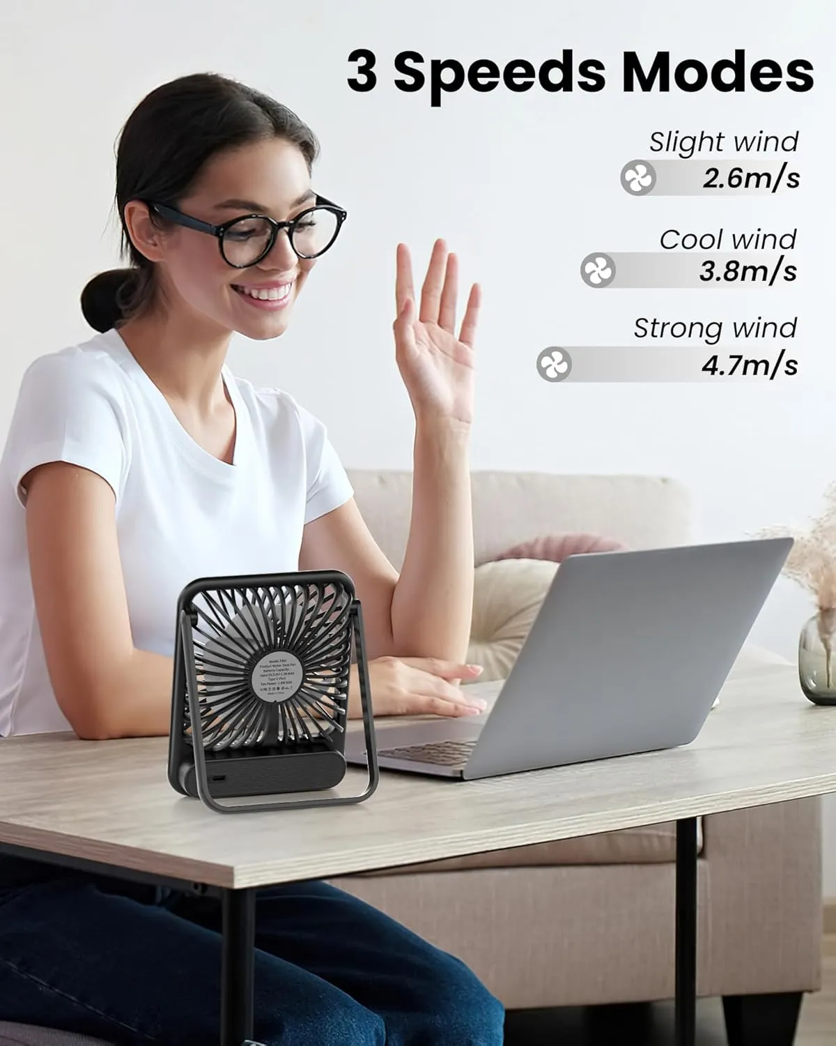 Koonie Desk Fan, Ultra Quiet 2.5-11h Battery Operated Small USB Fan with Strong Wind, 180 Tilt Folding and 3 Speeds Adjustable, Battery Powered Mini Personal Fan for Office Bedroom Desktop