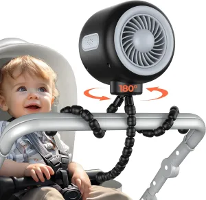 Koonie Oscillating Stroller Fan, Flexible Tripod, Clip-on for Car Seats, USB Rechargeable Battery Operated, 3 Speeds, Quiet Operation - Portable Baby Travel Gear for Camping, Tent, Crib, Bike Rear-mounted fan for childrens safety