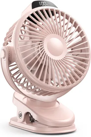 Koonie Portable Clip On Fan, Small USB Battery Operated, 3 Speed Rechargeable Mini Pink With LED Display, 360 Rotate Personal Cooling for Desk Stroller Travel Camping Golf Gym USB desktop fan for workspace