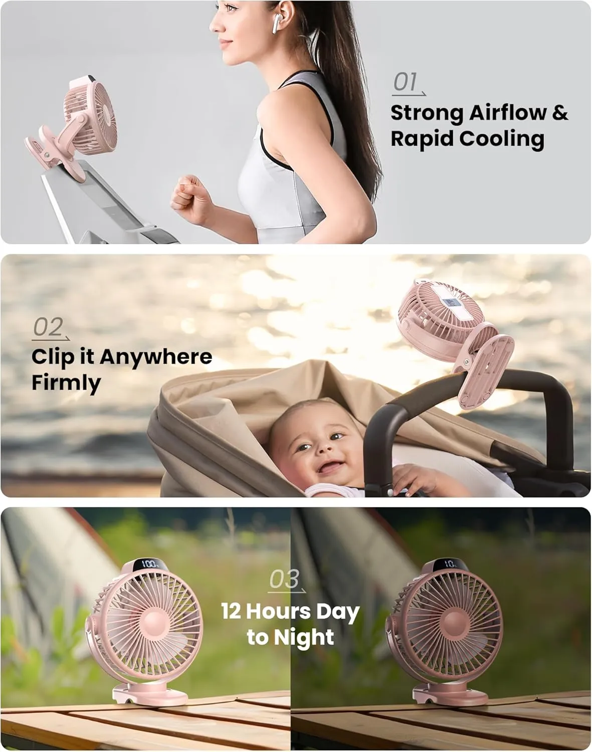 Koonie Portable Clip On Fan, Small USB Battery Operated, 3 Speed Rechargeable Mini Pink With LED Display, 360 Rotate Personal Cooling for Desk Stroller Travel Camping Golf Gym