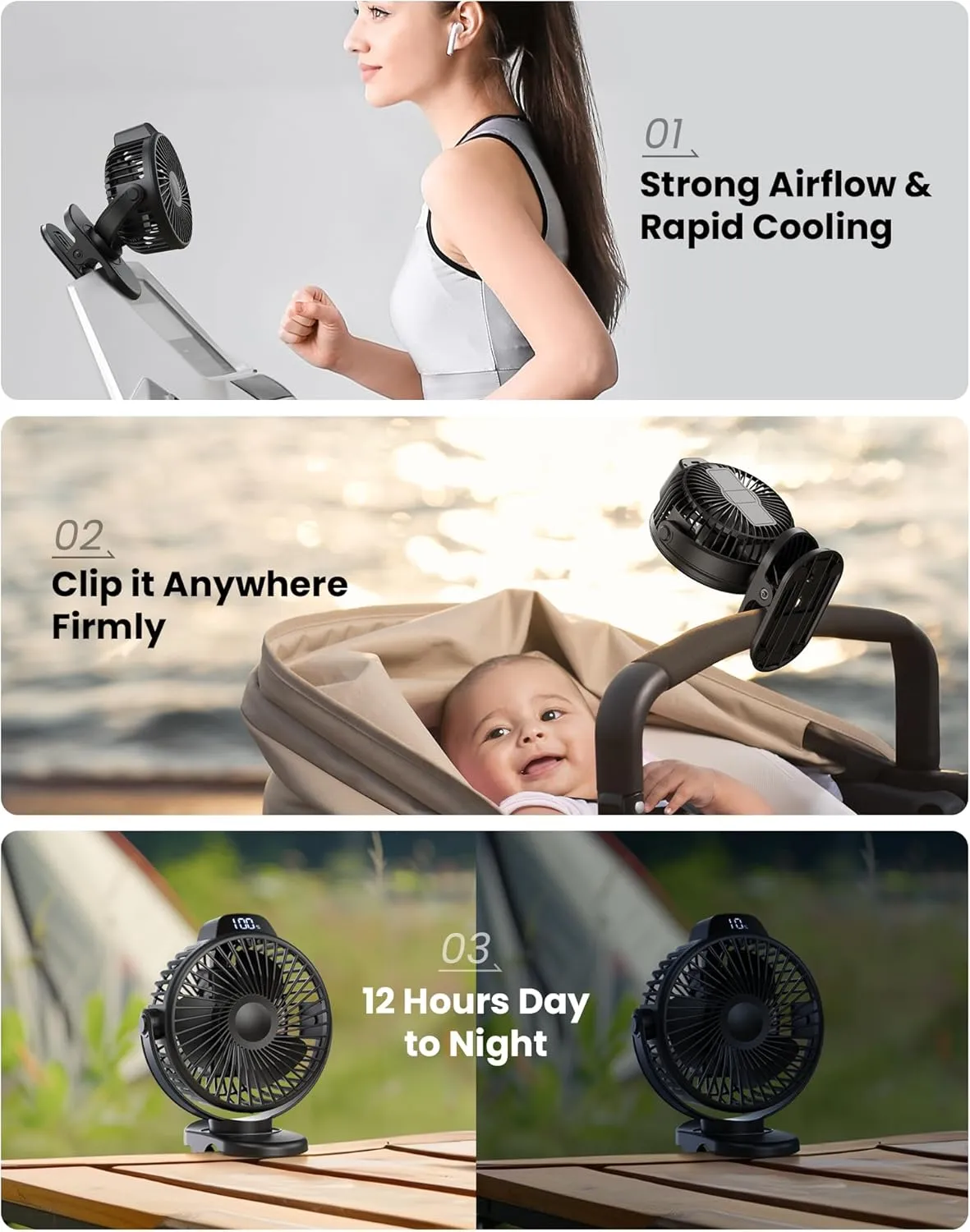 Koonie Portable Clip On Fan, Small USB Fan Battery Operated, 3 Speed Rechargeable Mini Fan With LED Display, 360 Rotate Personal Cooling Desk Fan for Stroller Travel Camping Golf Gym
