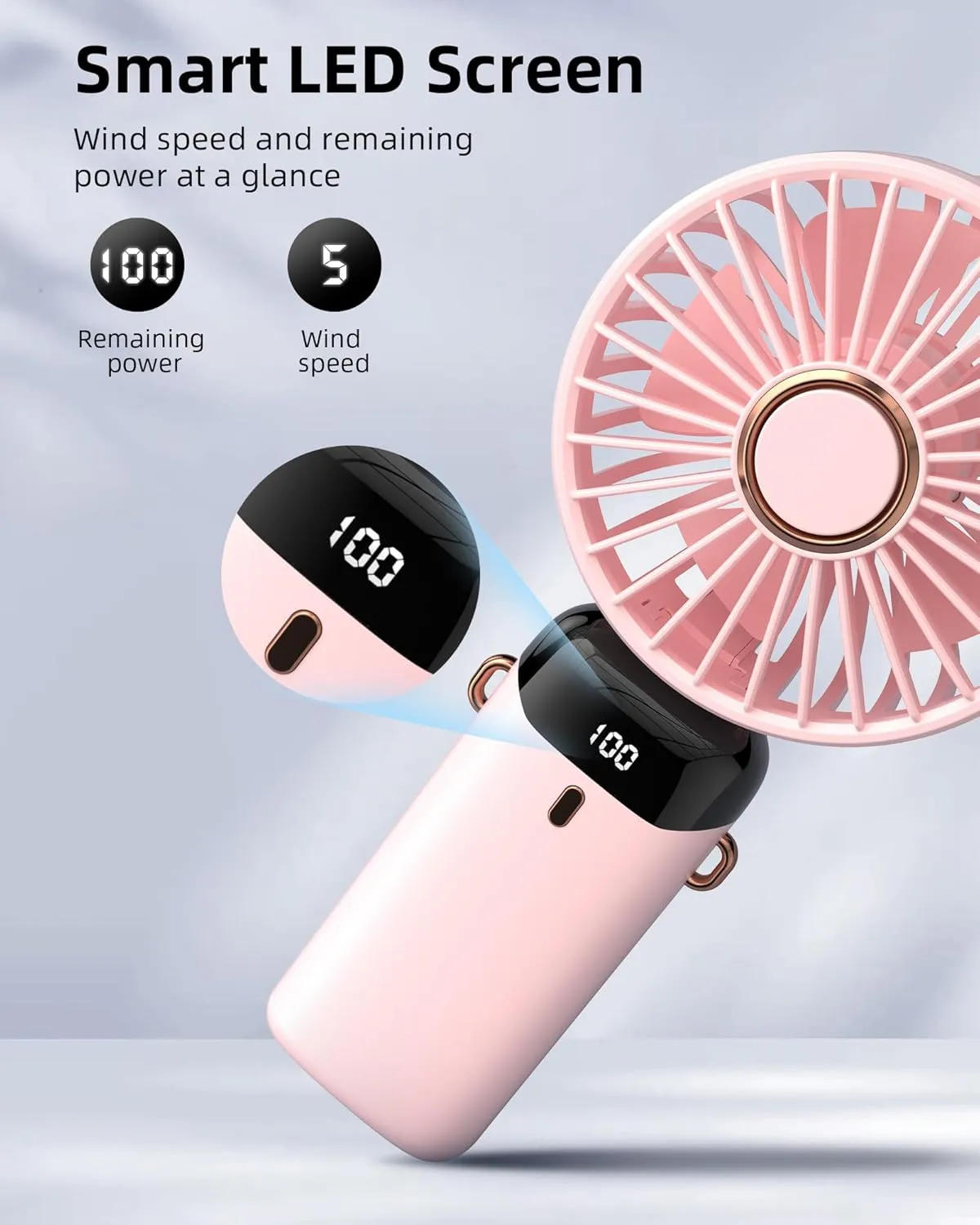 Koonie Portable Handheld Fan, Battery Operated Fan with Base, 8 Hours, Digital Display, 5 Speeds, 90 Ajustable, Rechargeable Mini Fan for Outdoor Indoor Pink