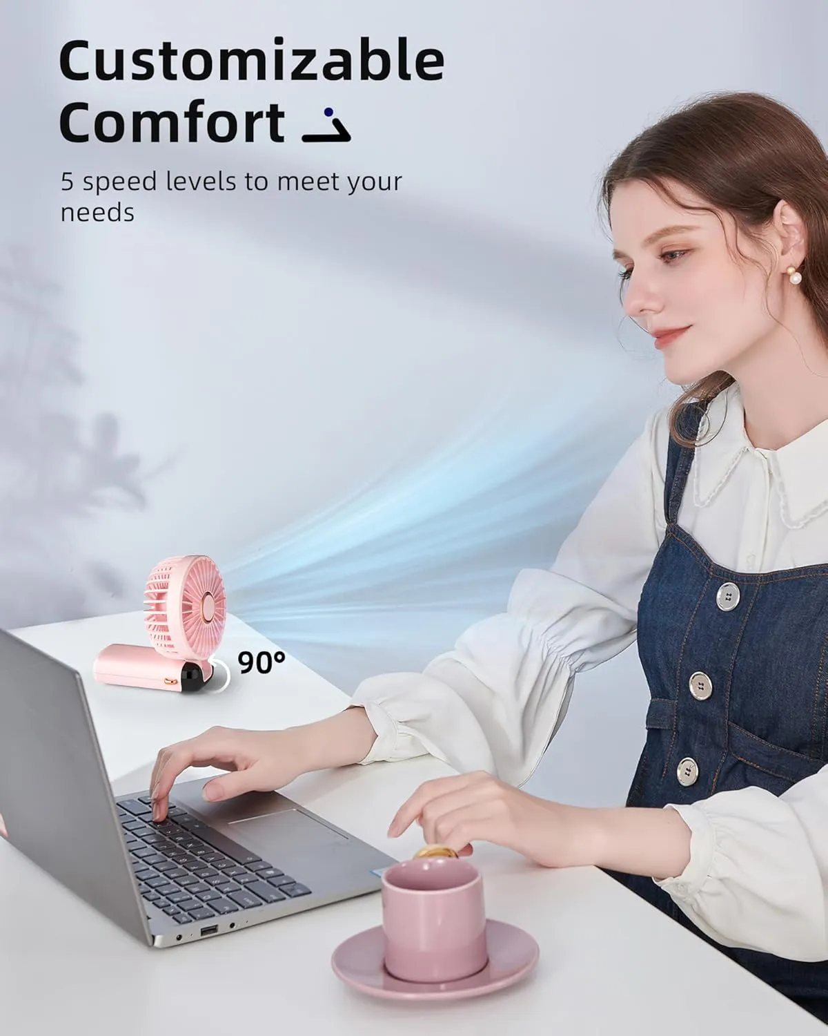 Koonie Portable Handheld Fan, Battery Operated Fan with Base, 8 Hours, Digital Display, 5 Speeds, 90 Ajustable, Rechargeable Mini Fan for Outdoor Indoor Pink