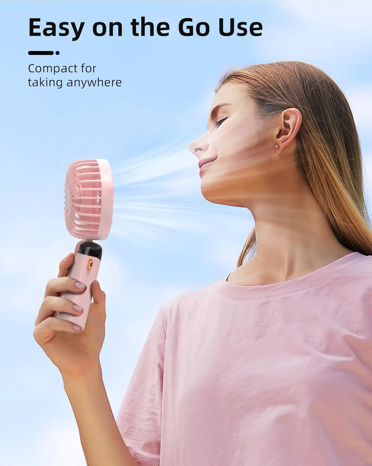 Koonie Portable Handheld Fan, Battery Operated Fan with Base, 8 Hours, Digital Display, 5 Speeds, 90 Ajustable, Rechargeable Mini Fan for Outdoor Indoor Pink