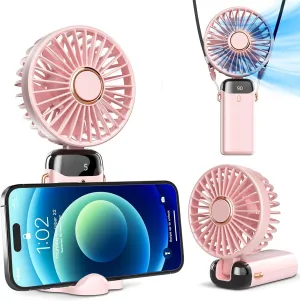 Koonie Portable Handheld Fan, Battery Operated Fan with Base, 8 Hours, Digital Display, 5 Speeds, 90 Ajustable, Rechargeable Mini Fan for Outdoor Indoor Pink Neck fan for hands-free comfort