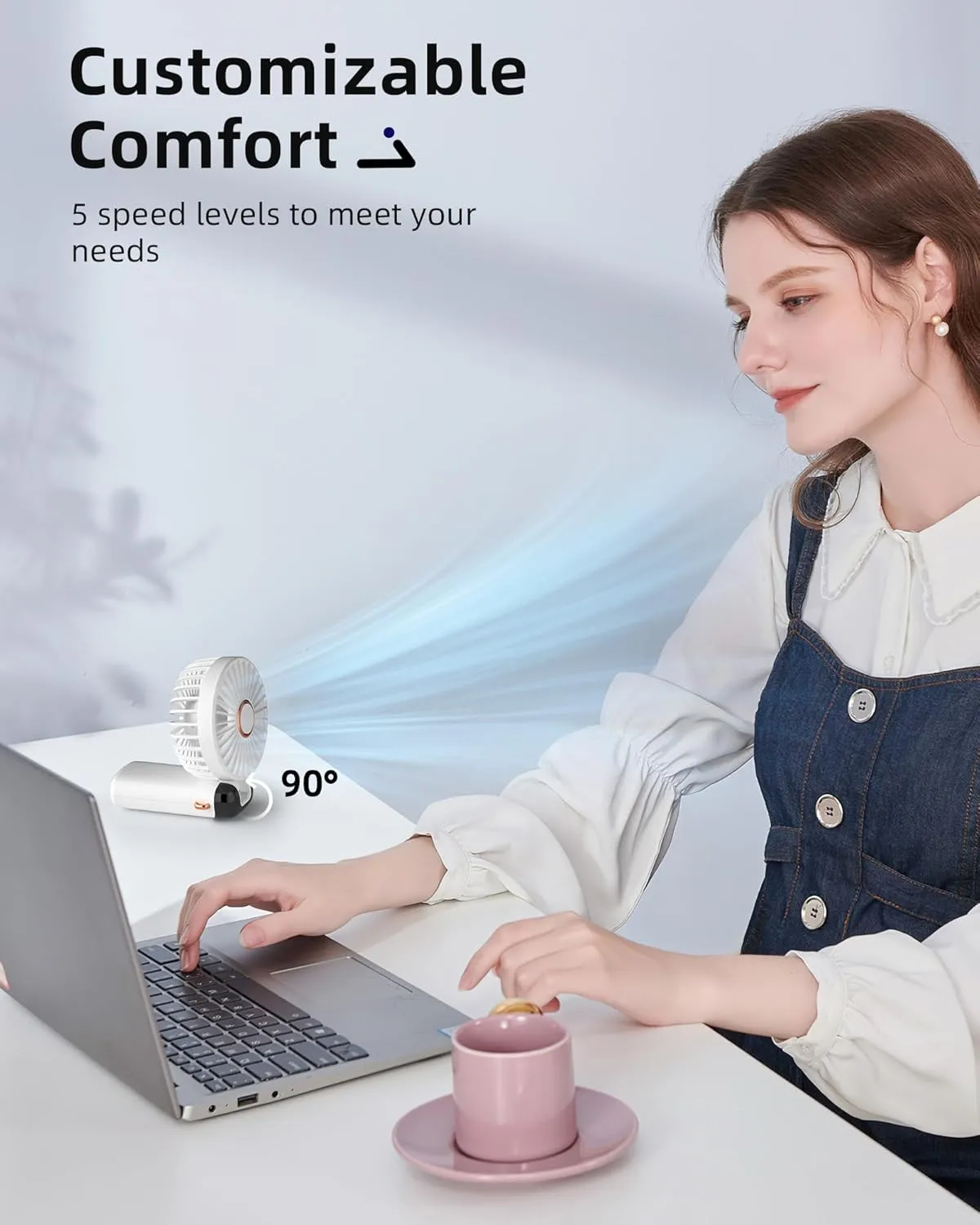 Koonie Portable Handheld Fan, Battery Operated Fan with Base, 8 Hours, Digital Display, 5 Speeds, 90 Ajustable, Rechargeable Mini Fan for Outdoor Indoor White