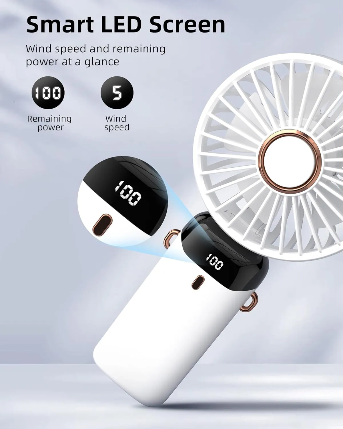 Koonie Portable Handheld Fan, Battery Operated Fan with Base, 8 Hours, Digital Display, 5 Speeds, 90 Ajustable, Rechargeable Mini Fan for Outdoor Indoor White