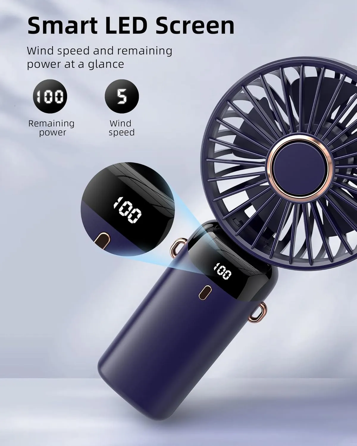 Koonie Portable Handheld Fan, Battery Operated Fan with Base, 8 Hours, Digital Display, 5 Speeds, 90 Ajustable, Rechargeable Mini Fan for Outdoor Indoor