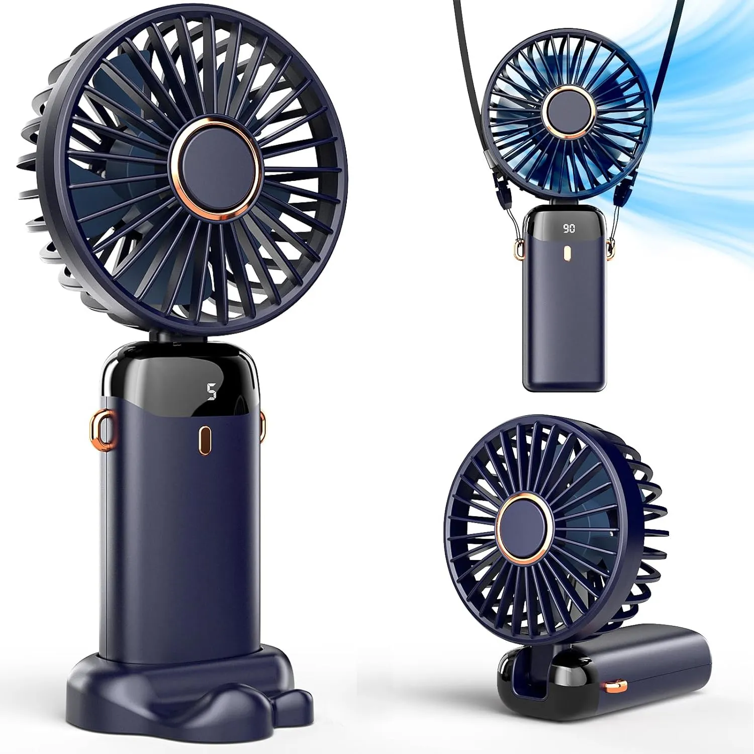 Koonie Portable Handheld Fan, Battery Operated Fan with Base, 8 Hours, Digital Display, 5 Speeds, 90 Ajustable, Rechargeable Mini Fan for Outdoor Indoor Neck fan for hands-free comfort