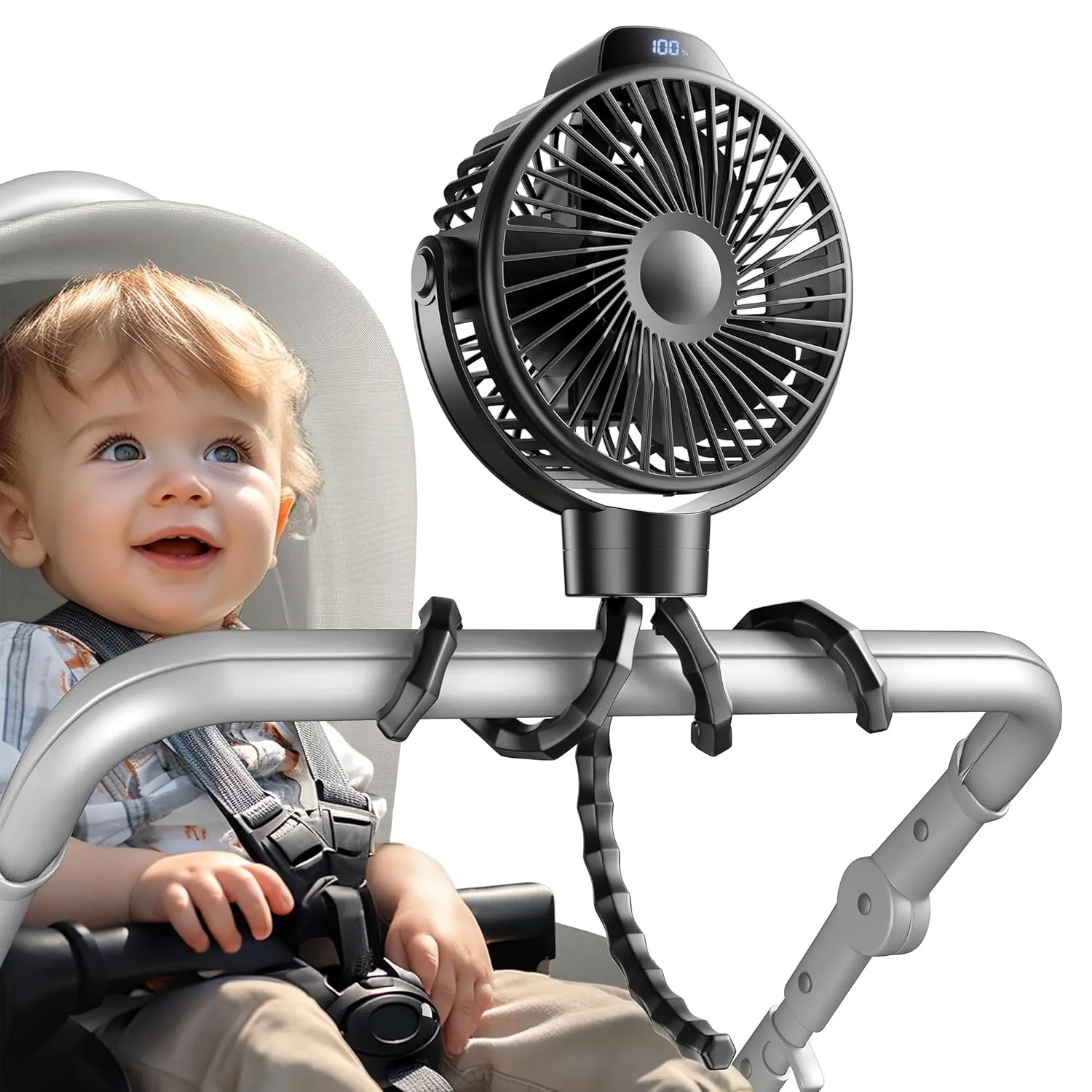 Koonie Portable Stroller Fan for Baby, Rechargeable Battery Operated, 3 Speeds, 360 Rotation, 25db Low Noise,Digital Display, Detachable Flexible Tripod Clip-on Car Seats, Tent, Crib, Treadmill 360-degree rotating fan for home use