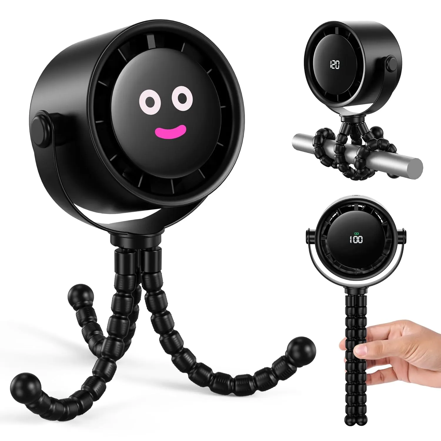 Koonie Portable Stroller Fan, Rechargeable Battery Operated, 5 Speeds with High-Speed Cooling, 17H Runtime, Digital Display, 360 Rotation, Ultra-Quiet, Flexible Tripod for Car Seats, Tents, Cribs 360-degree rotating fan for home use