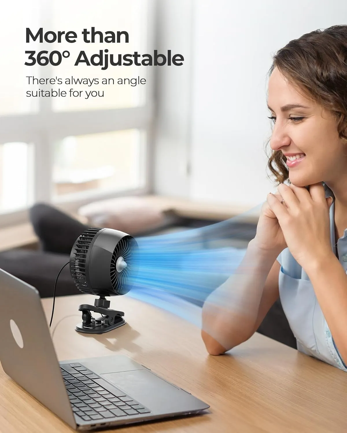 Koonie USB Clip on Fan, Strong Wind Ultra Quiet Small Desk Fan with Strong Clamp, More Than 360 Adjustable, 3 Speeds USB-C Corded Powered, Mini Personal Fan for Home Office Desktop Black