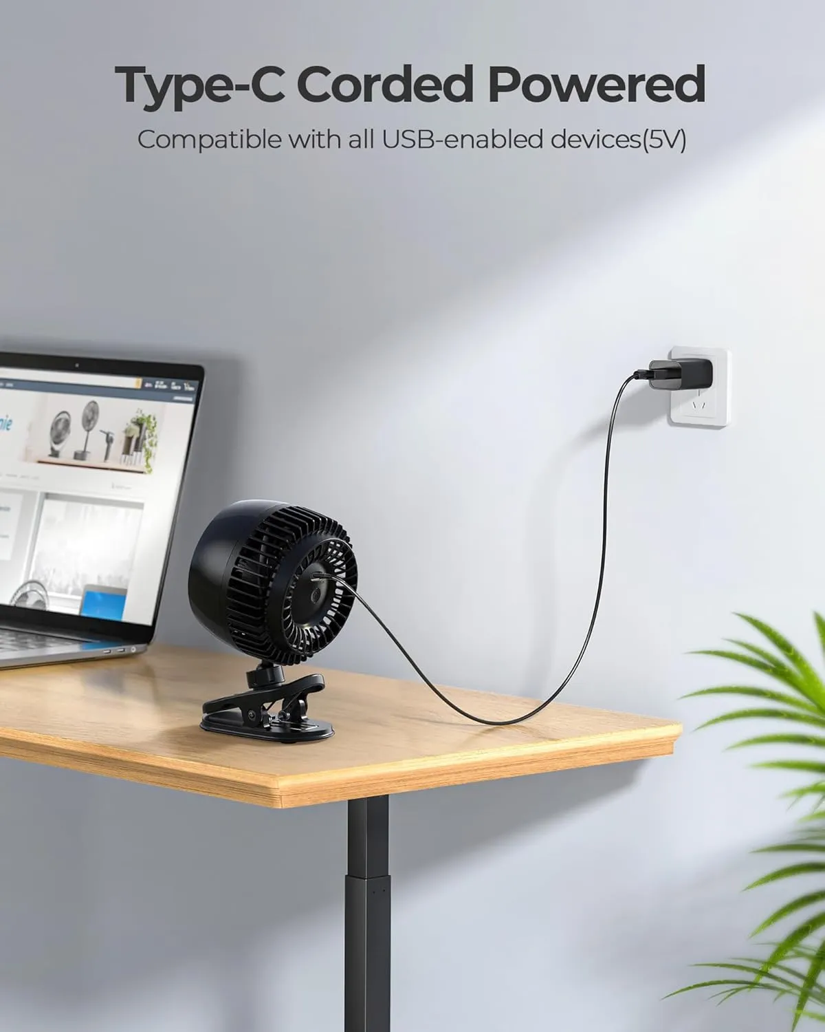 Koonie USB Clip on Fan, Strong Wind Ultra Quiet Small Desk Fan with Strong Clamp, More Than 360 Adjustable, 3 Speeds USB-C Corded Powered, Mini Personal Fan for Home Office Desktop Black