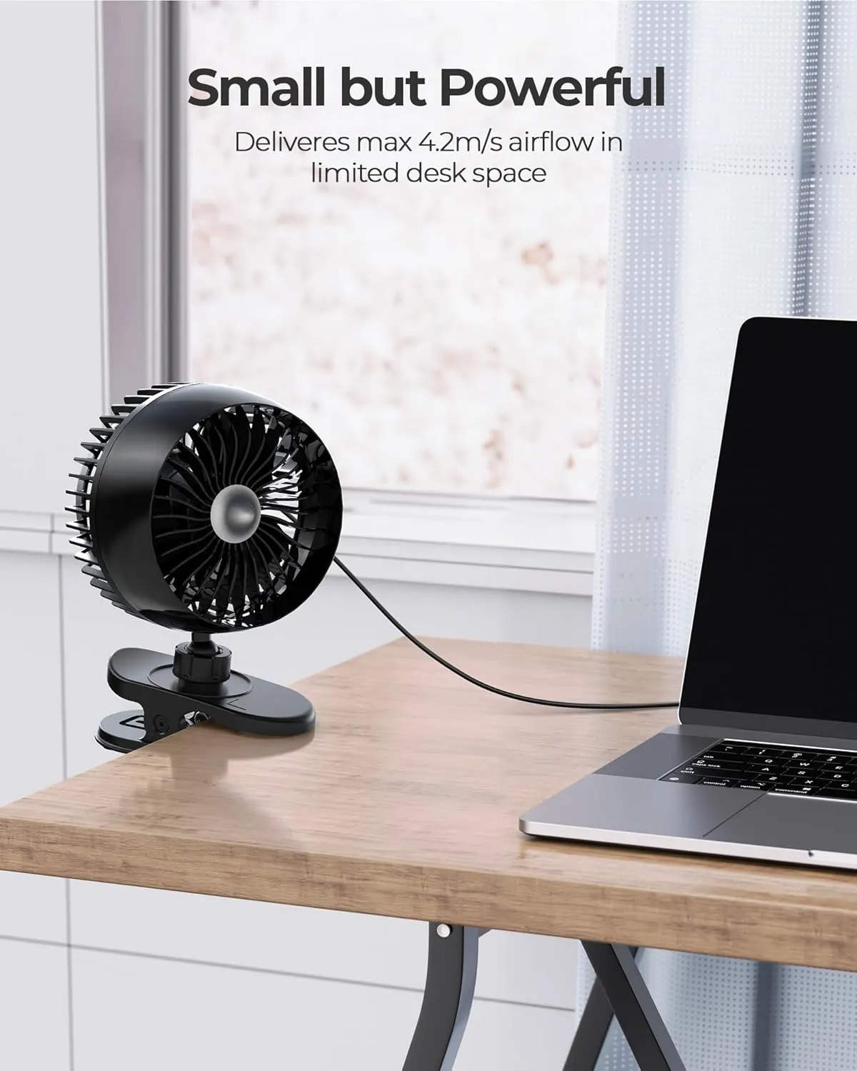 Koonie USB Clip on Fan, Strong Wind Ultra Quiet Small Desk Fan with Strong Clamp, More Than 360 Adjustable, 3 Speeds USB-C Corded Powered, Mini Personal Fan for Home Office Desktop Black