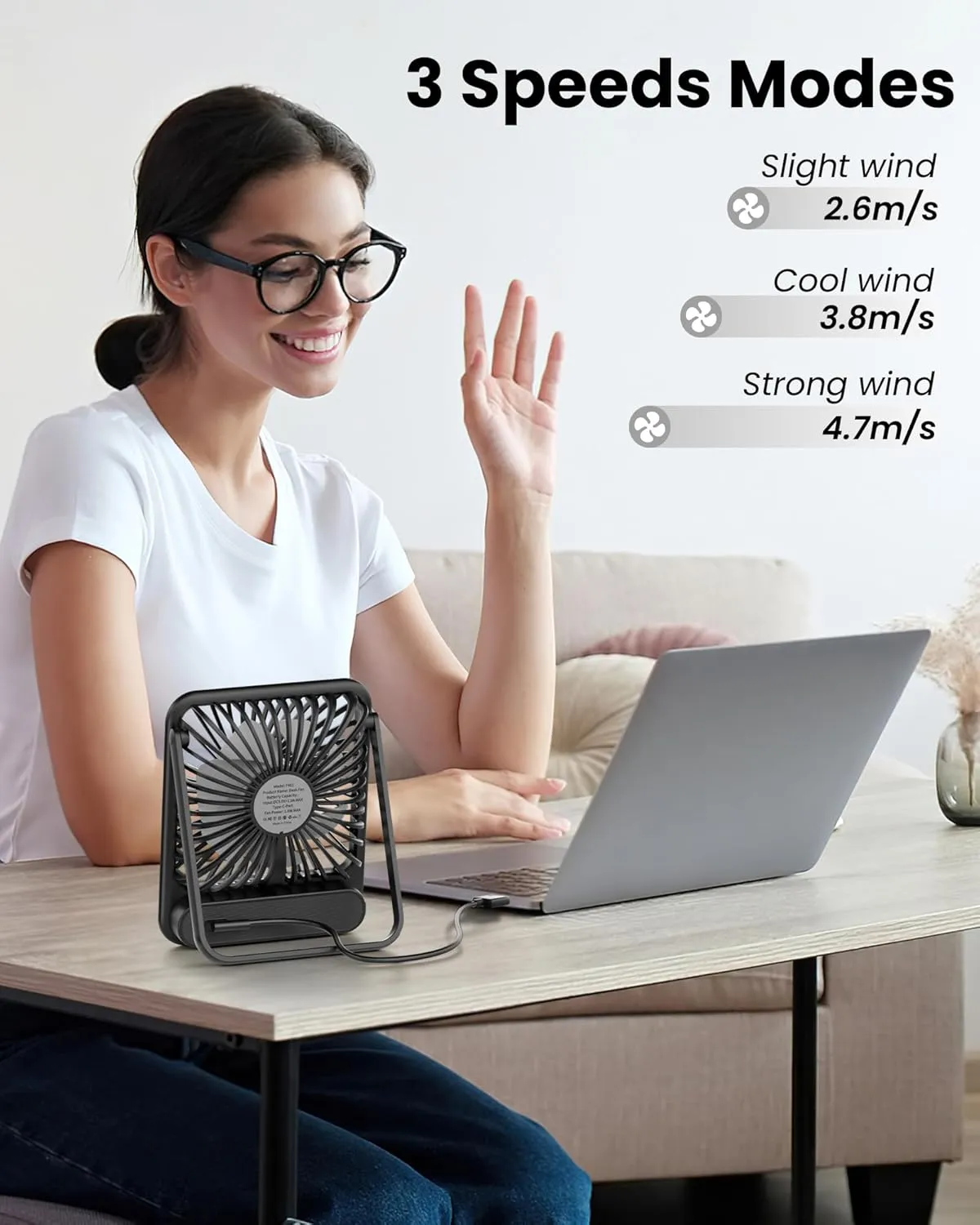 Koonie USB Desk Fan, Strong Wind Ultra Quiet Small Personal Fan with 180 Tilt Folding and 3 Speeds Adjustable, USB-C Corded Powered Mini USB Fan for Office Desktop Bedroom, NO BATTERY